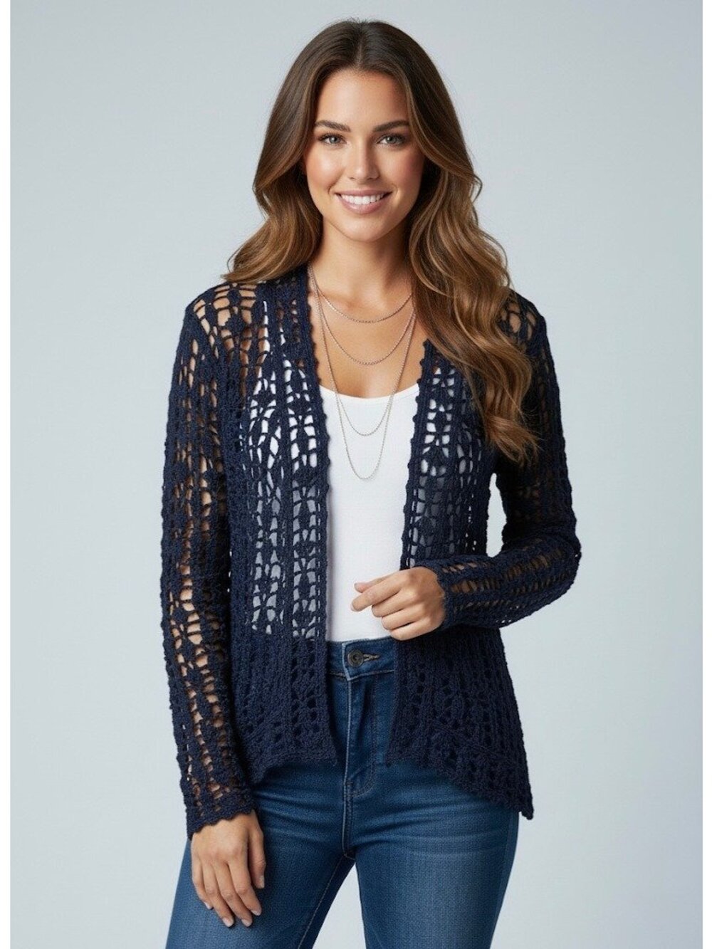 VTG Anthropologie Navy Blue Crochet Open Front Cardigan M | Coastal Indie Sleaze